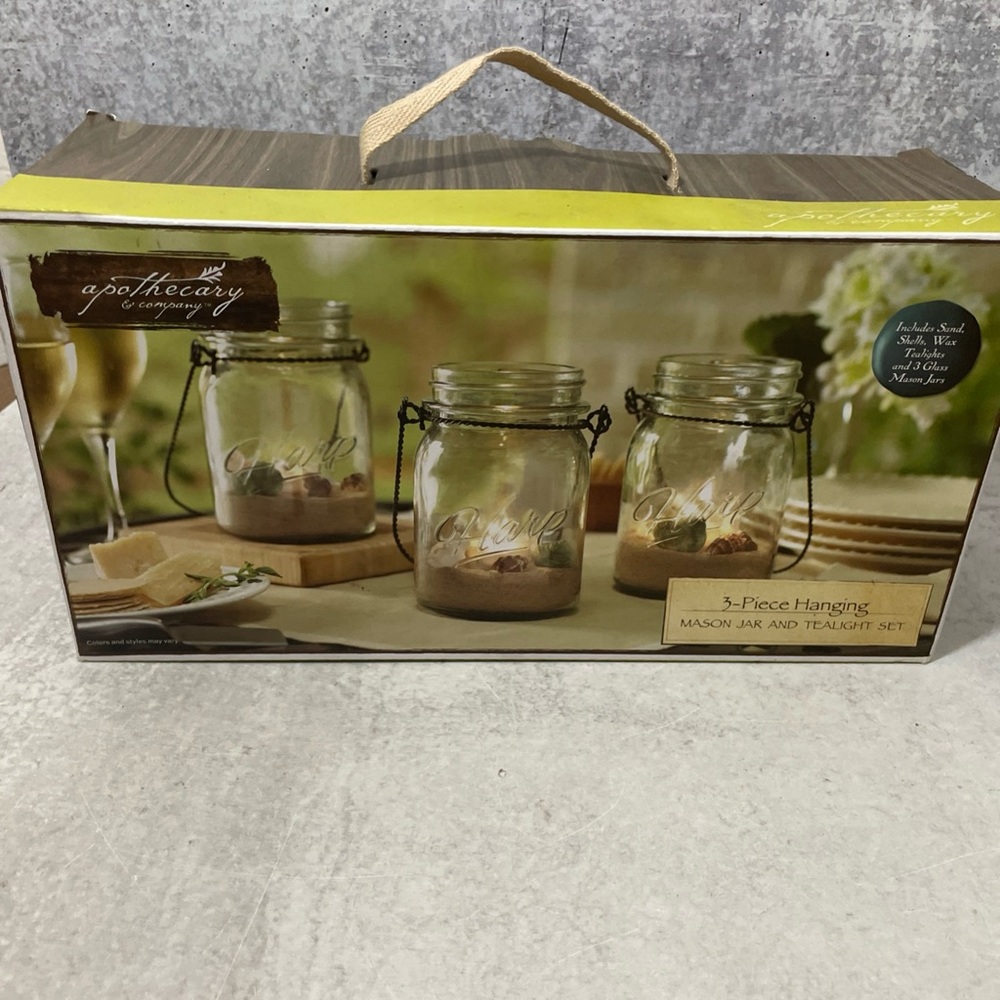 Apothecary & Company Set 3-Piece Hanging Mason Jar and Tealight Patio Garden NIB